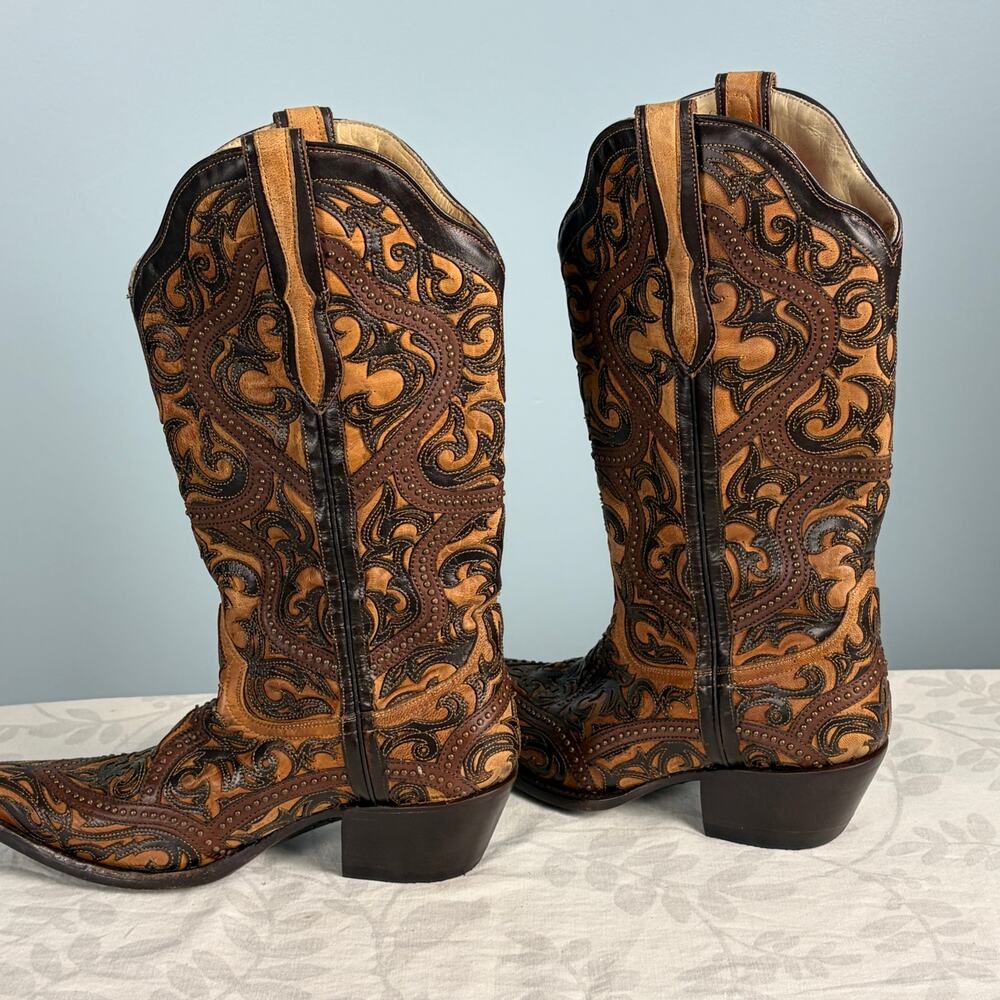 Corral Handcrafted Brown Leather Overlay Studs Western Cowgirl Boots sz 8M - Picture 2 of 6